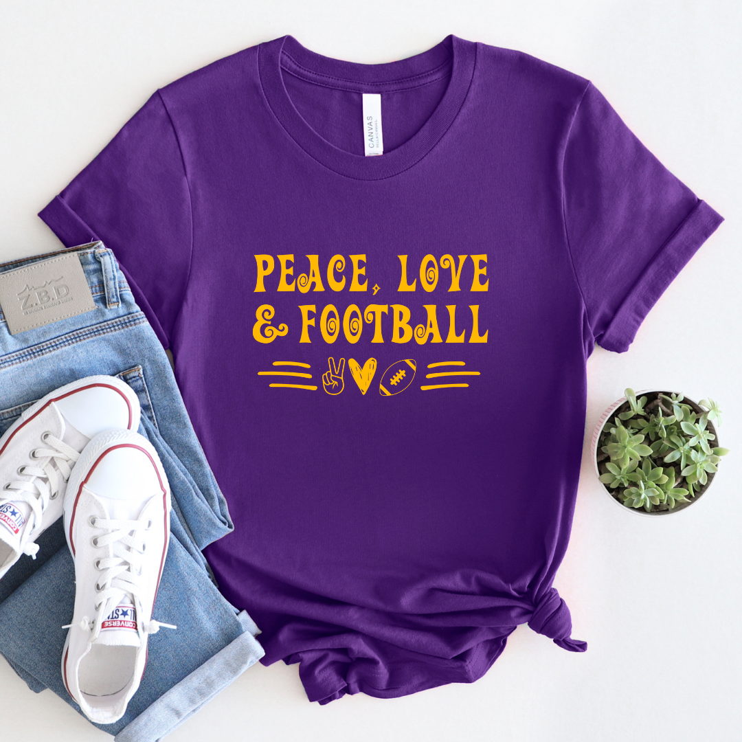 Purple and Gold Game Day T-shirt - Football T-shirt- Peace Love and Football Shirt - LSU Football Tee - Louisiana Tshirt - Geaux Tigers