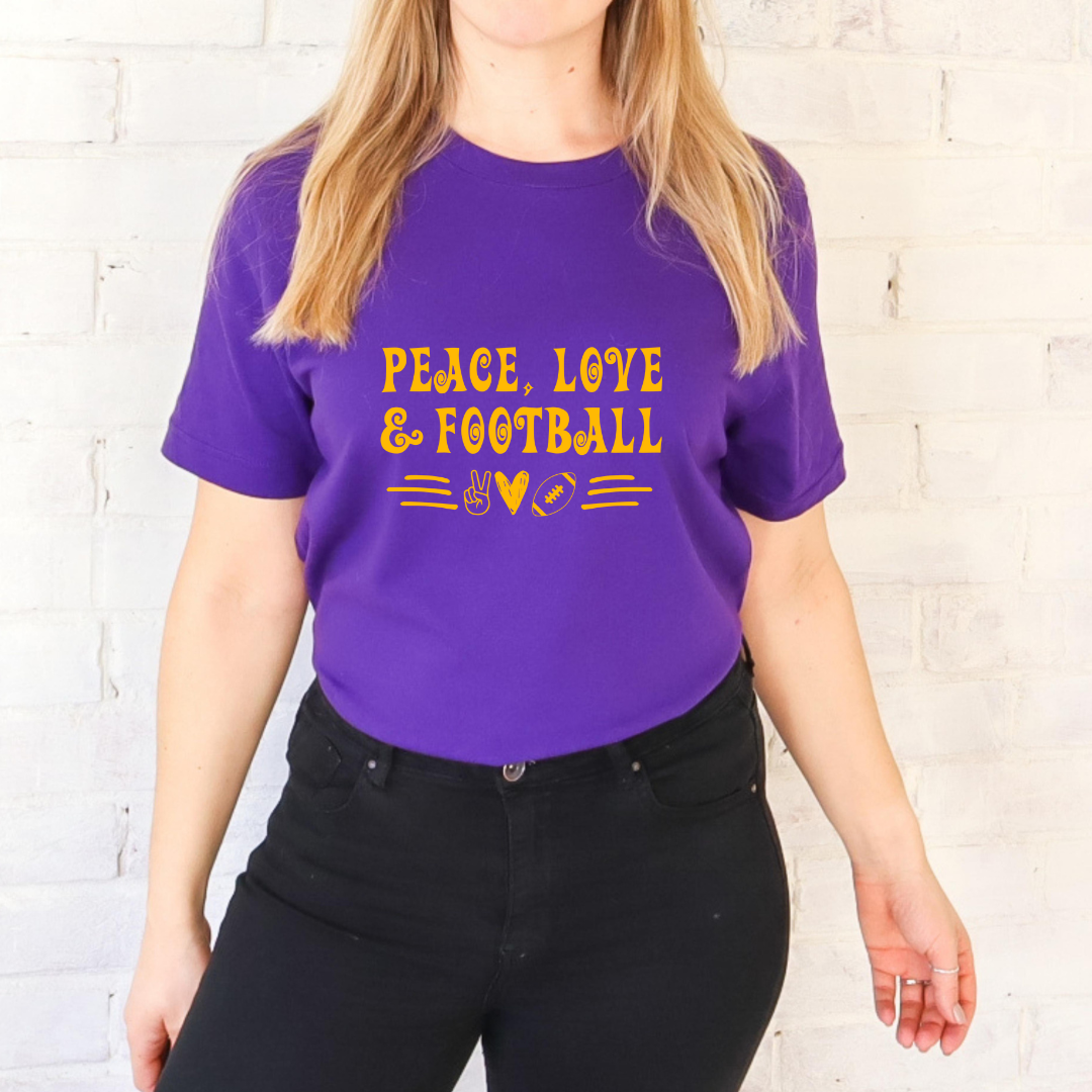 Purple and Gold Game Day T-shirt - Football T-shirt- Peace Love and Football Shirt - LSU Football Tee - Louisiana Tshirt - Geaux Tigers
