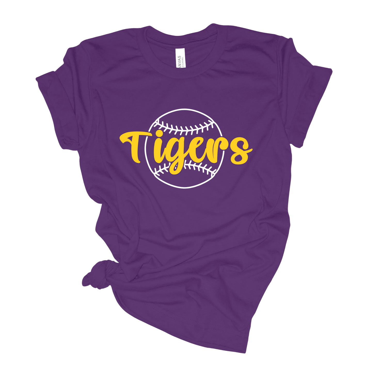LSU Tigers Baseball T-shirt, Bella Canvas Royal Purple Shirt with Yellow Wording and White Outline of a Baseball