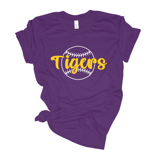 LSU Tigers Baseball T-shirt, Bella Canvas Royal Purple Shirt with Yellow Wording and White Outline of a Baseball