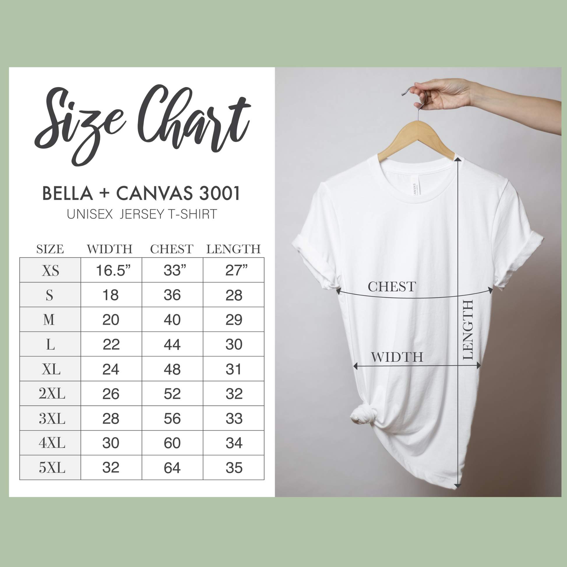 Bella + Canvas 3001 Unisex Jersey T-shirt Sizing Chart